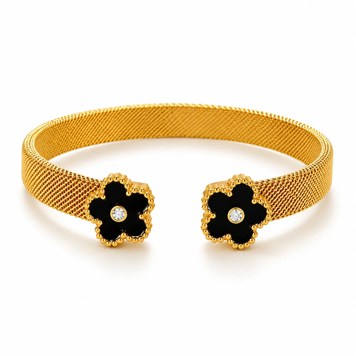 Black Flower Stainless Cuff Bracelet