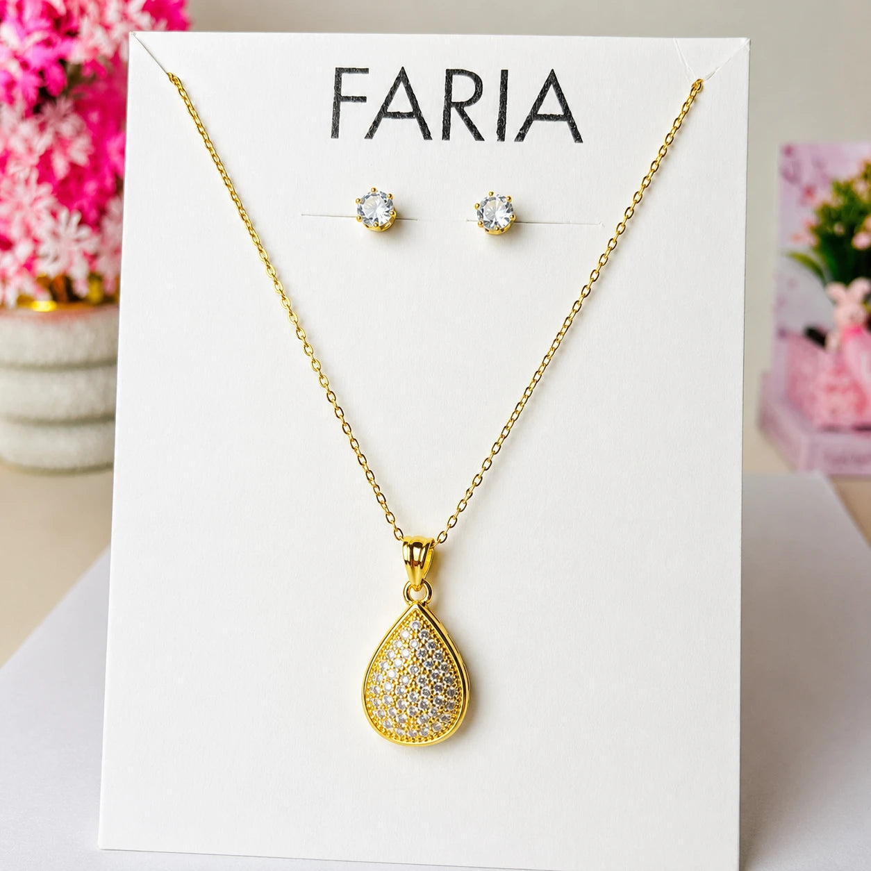 Crystal Teardrop Pendant Set Stainless