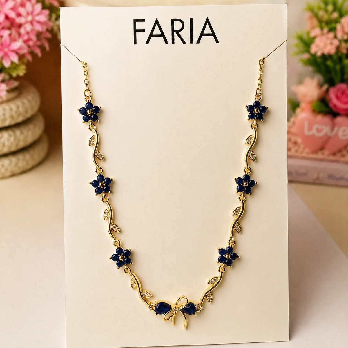 Navy Blue Floral Vine Necklace - Stainless
