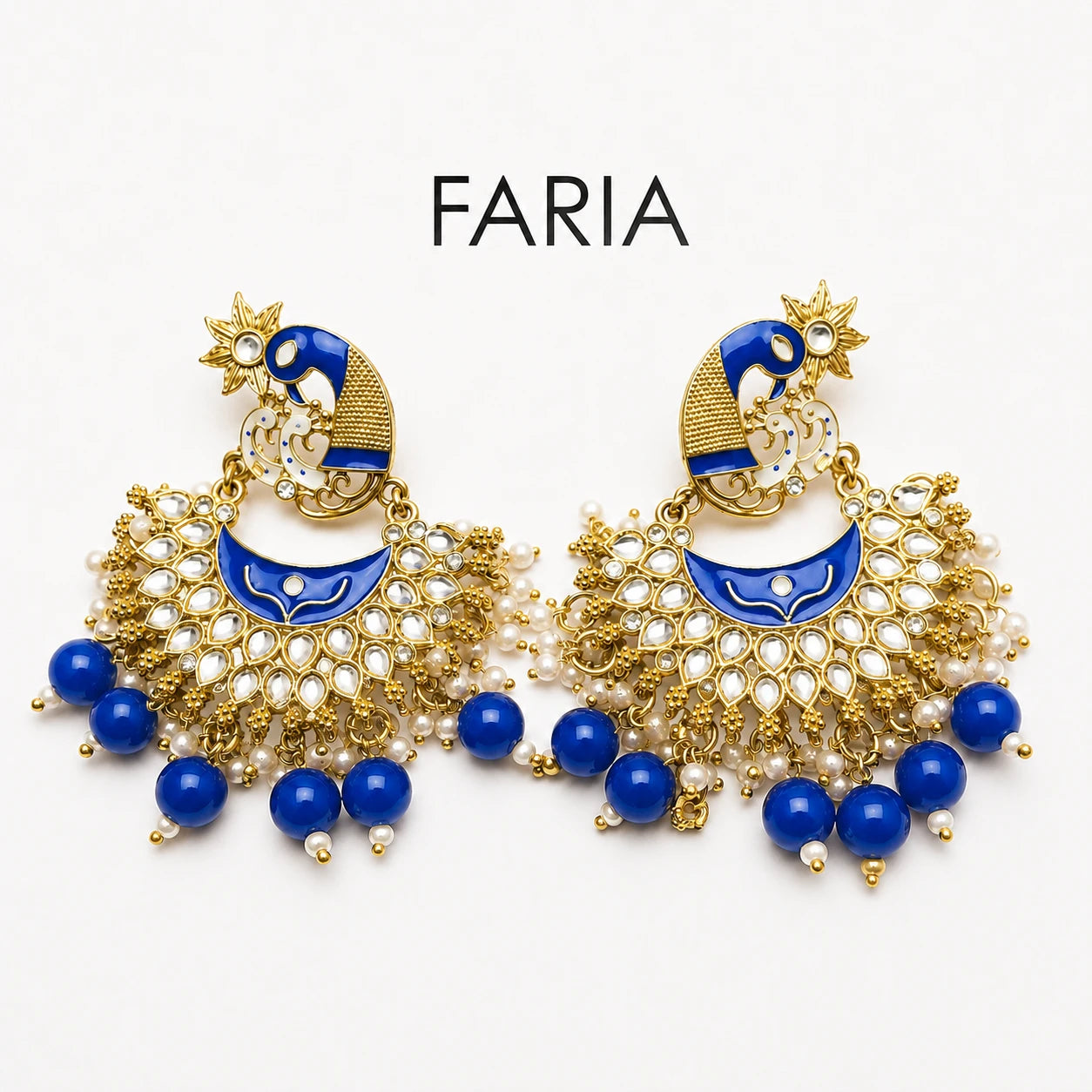 Blue Peacock Kundan Pearl Chandbali Earrings