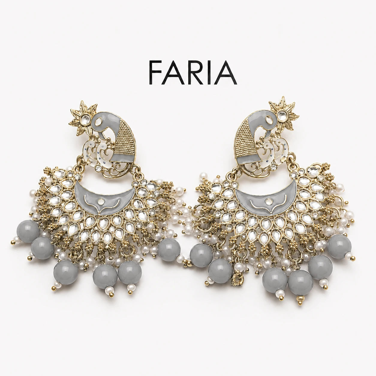 Grey Peacock Kundan Pearl Chandbali Earrings