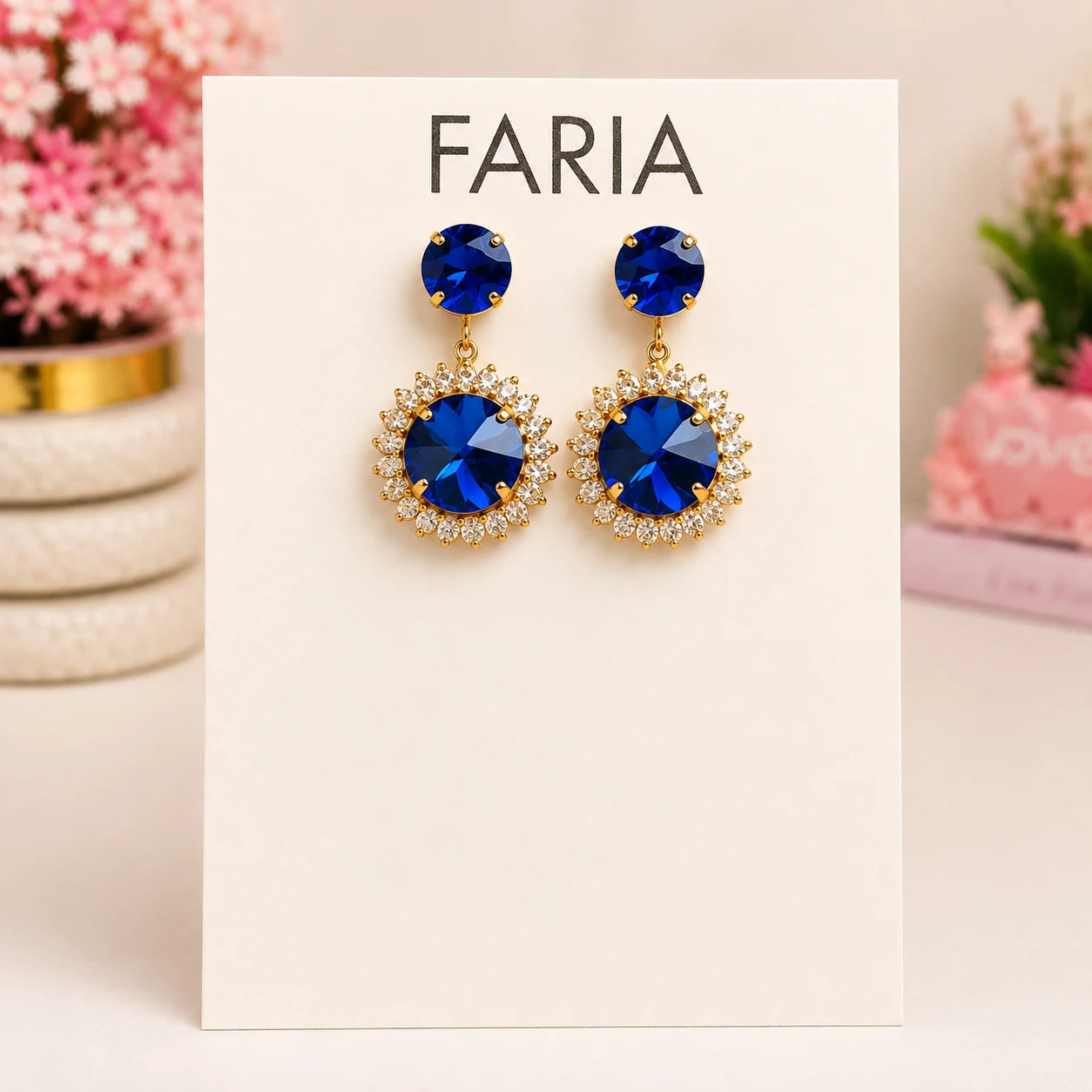Blue Gold Halo Drop Earrings