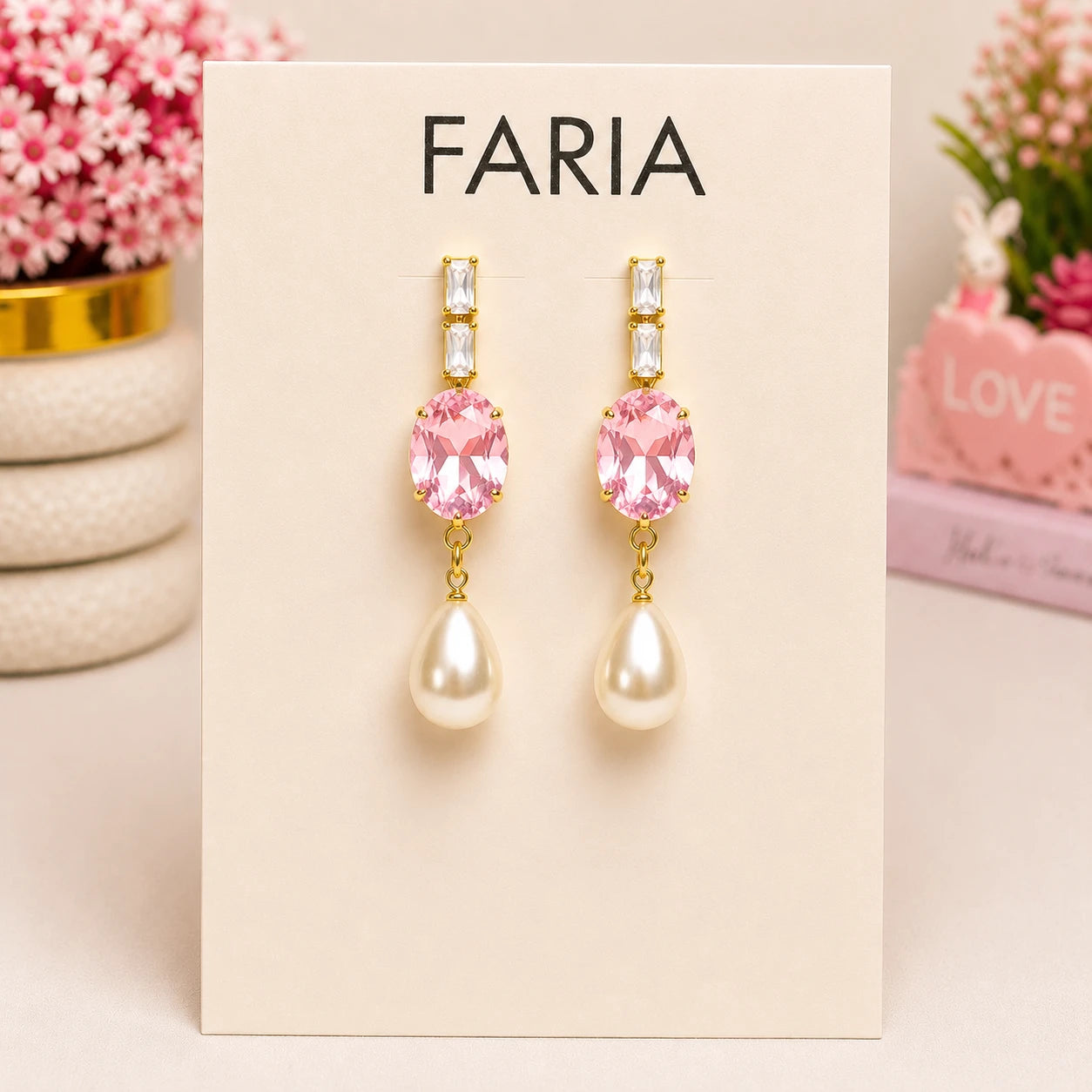 Emerald Crystal Pearl Drop Earrings - Gold Pink