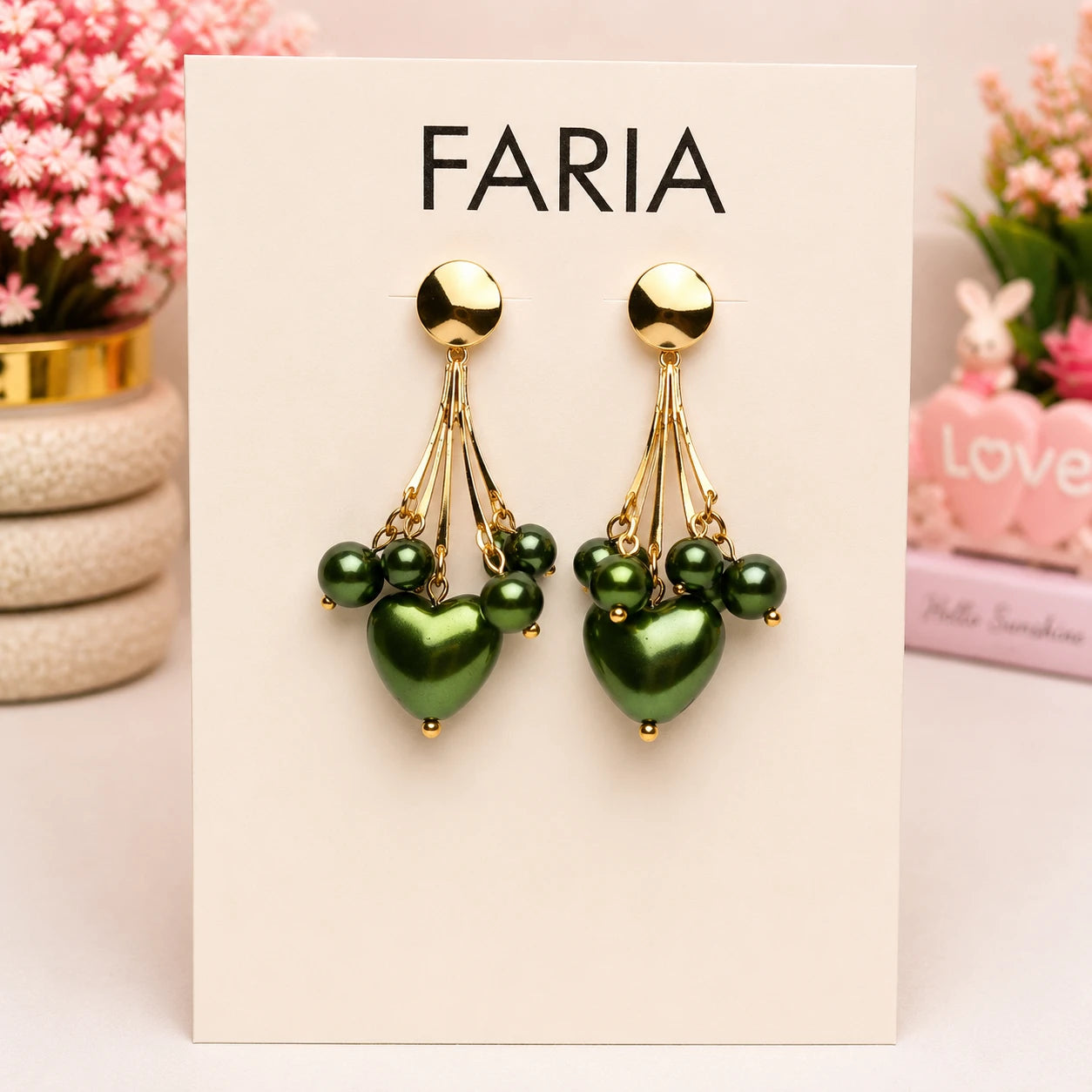 Emerald Heart Beaded Dangle Earrings