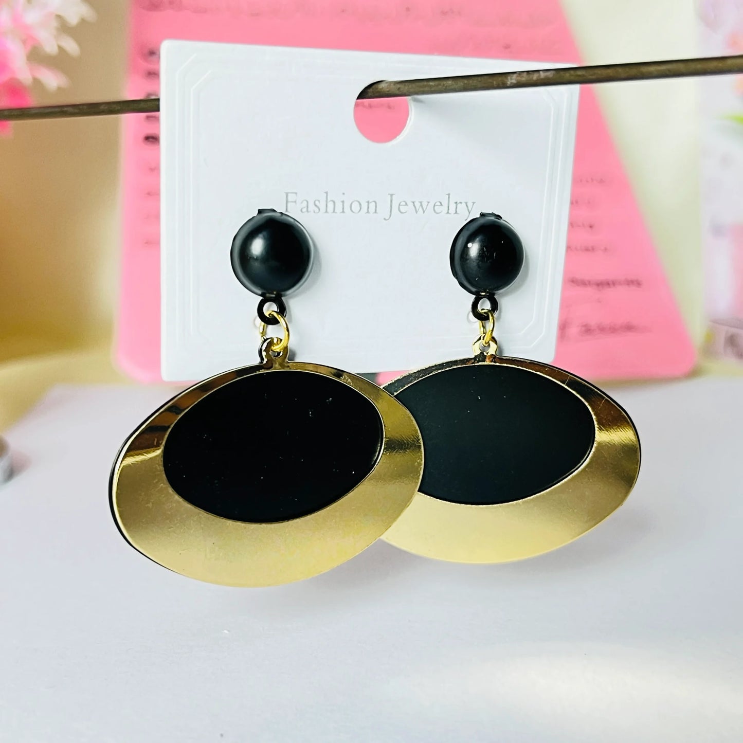 Black & Gold Oval Statement Drop Earrings