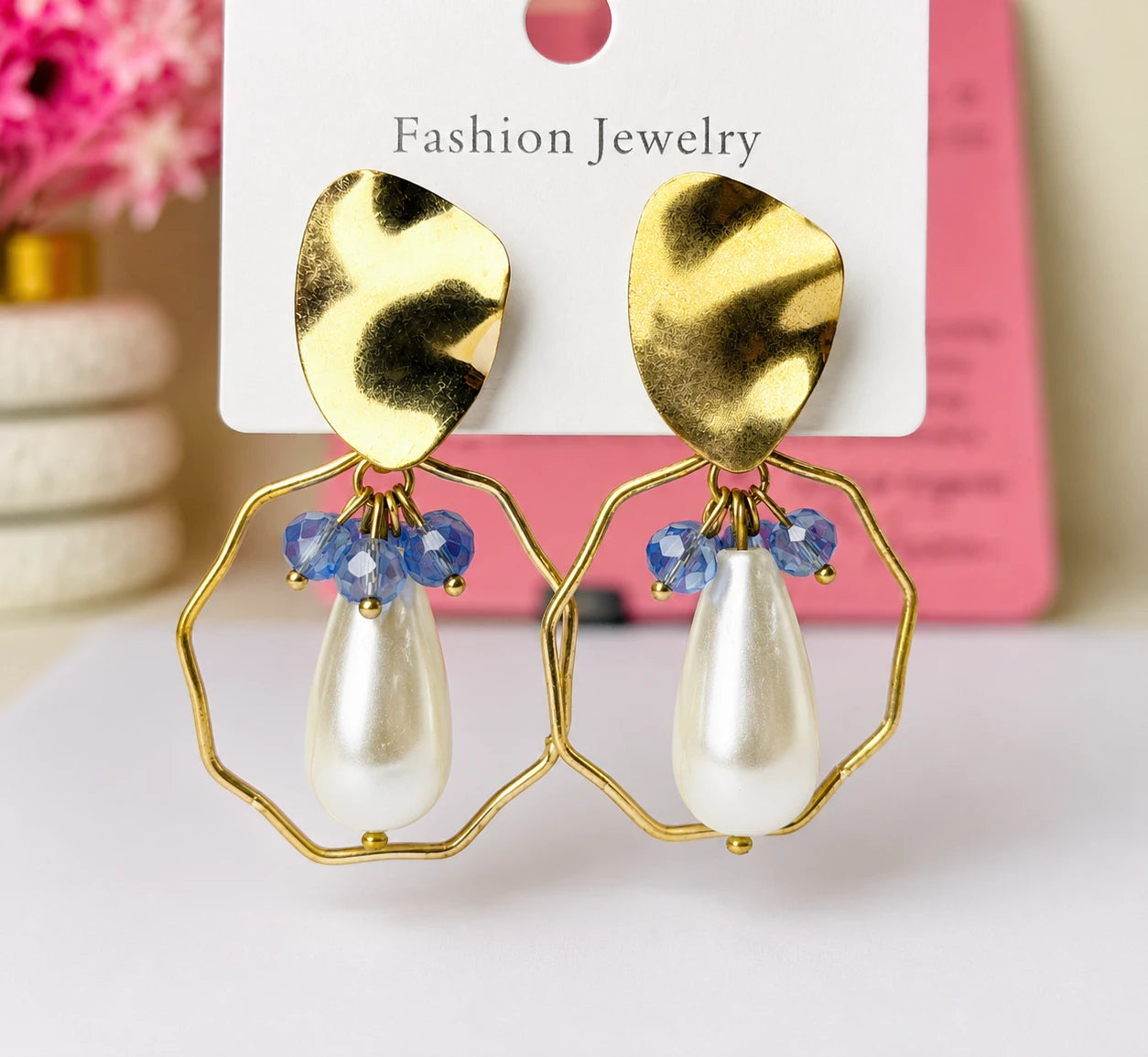 Pearl & Crystal Geometric Drop Earrings