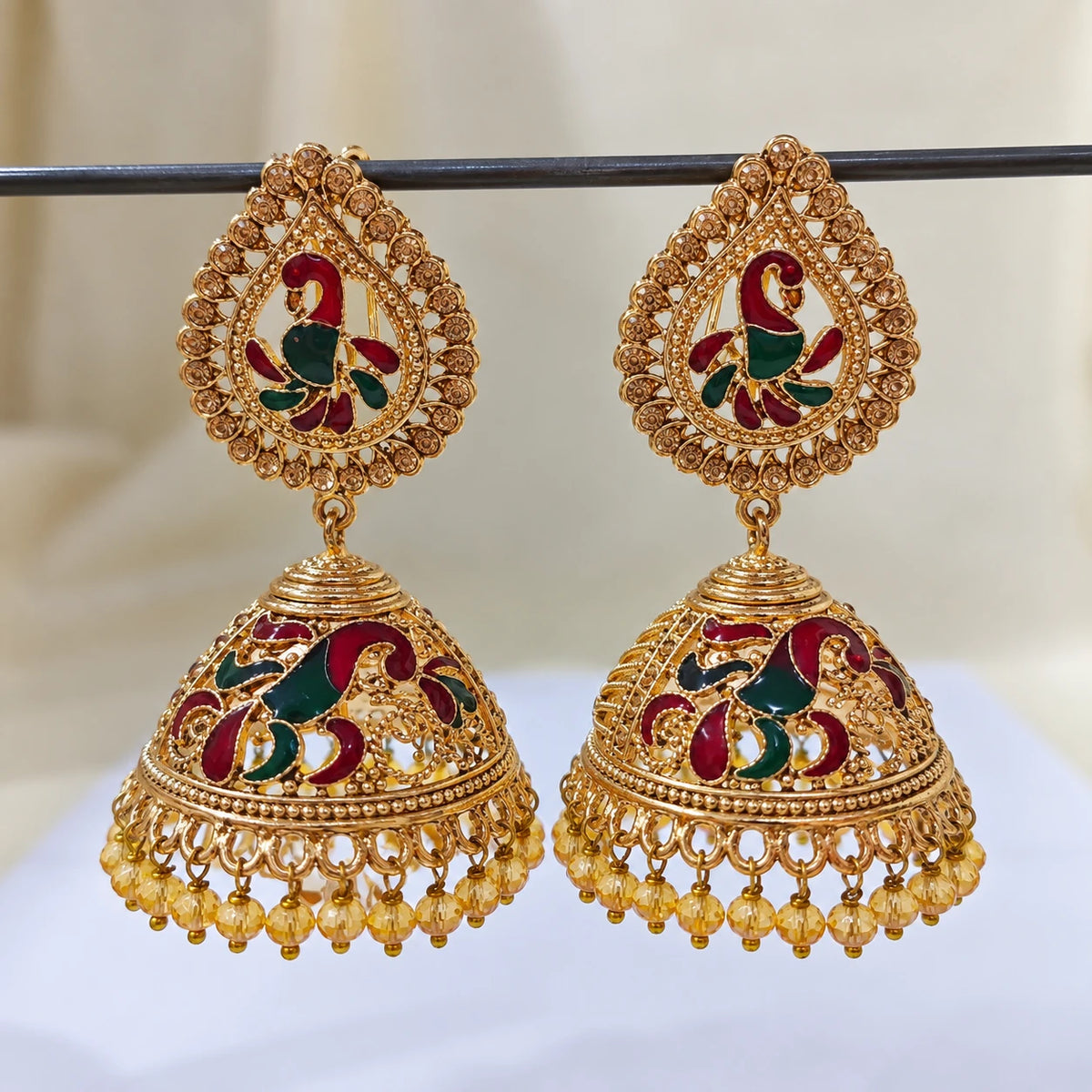 Crimson Peacock Filigree Jhumka