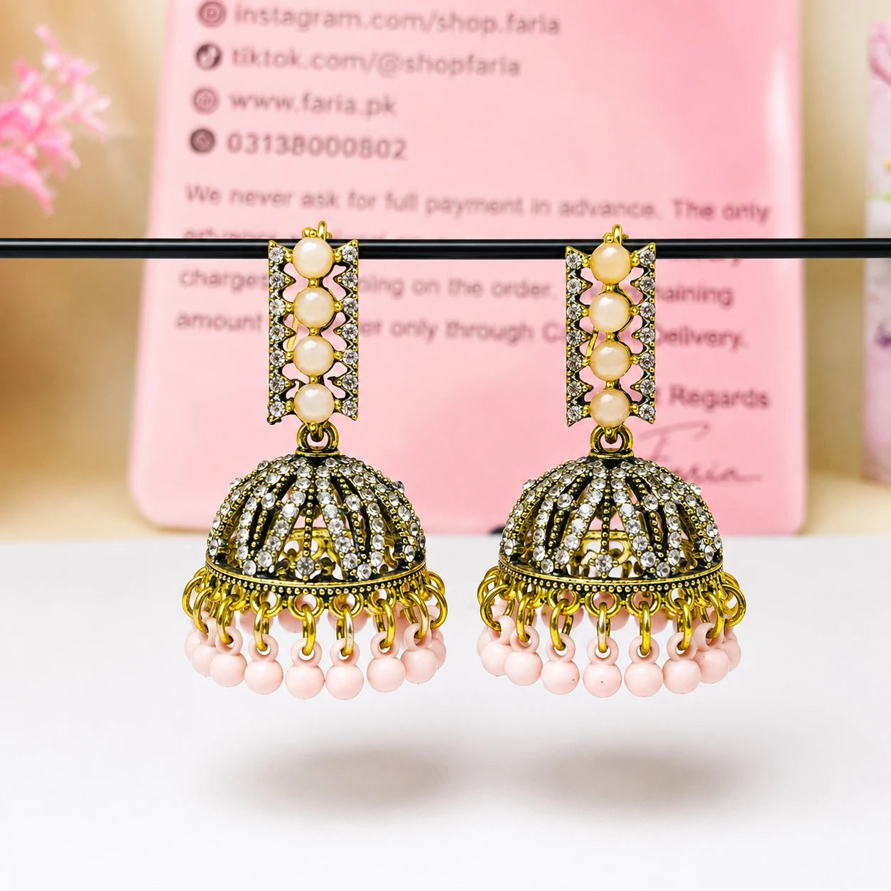 Pearl Crystal Pink Beaded Jhumka