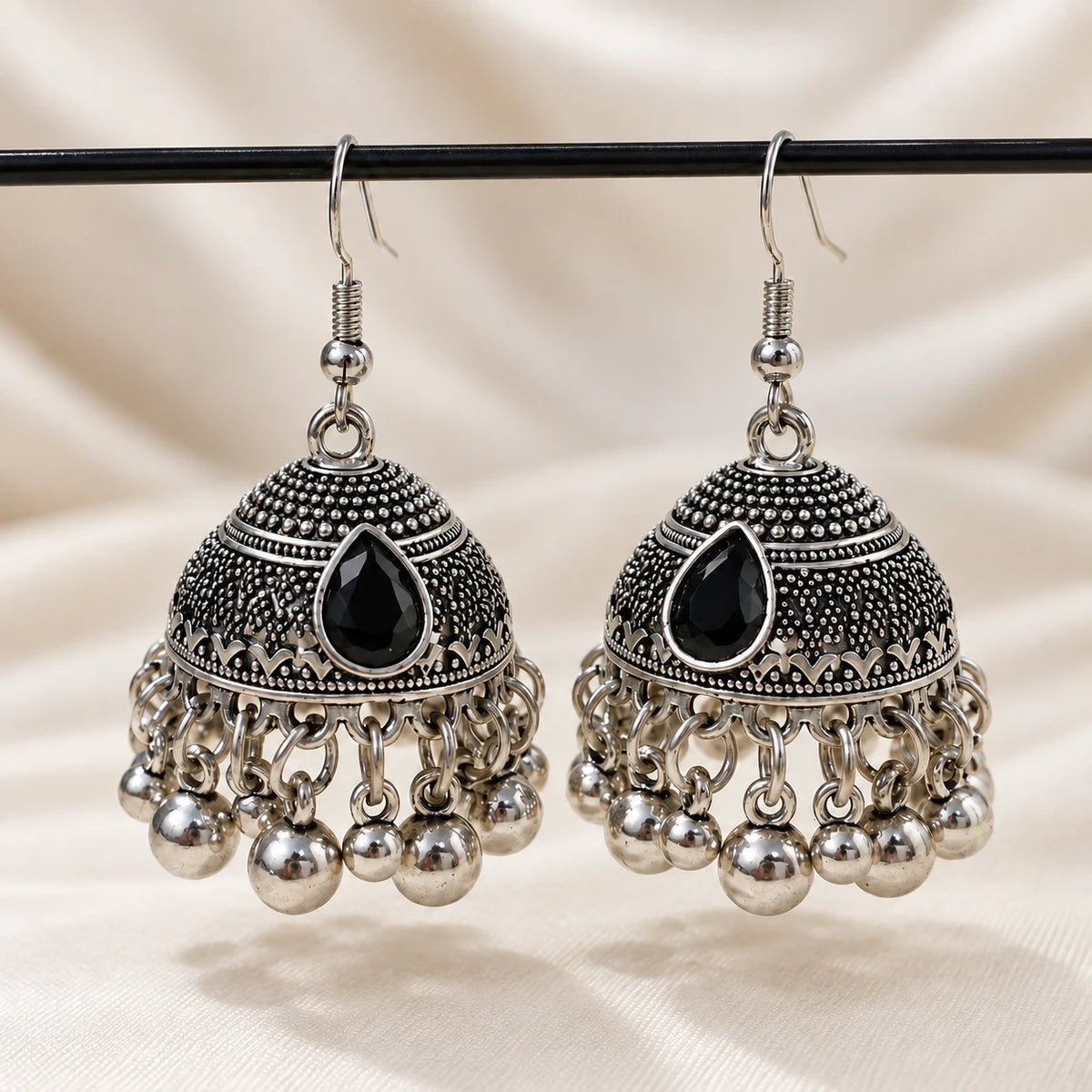 Onyx Teardrop Silver Jhumka - 2 Colors