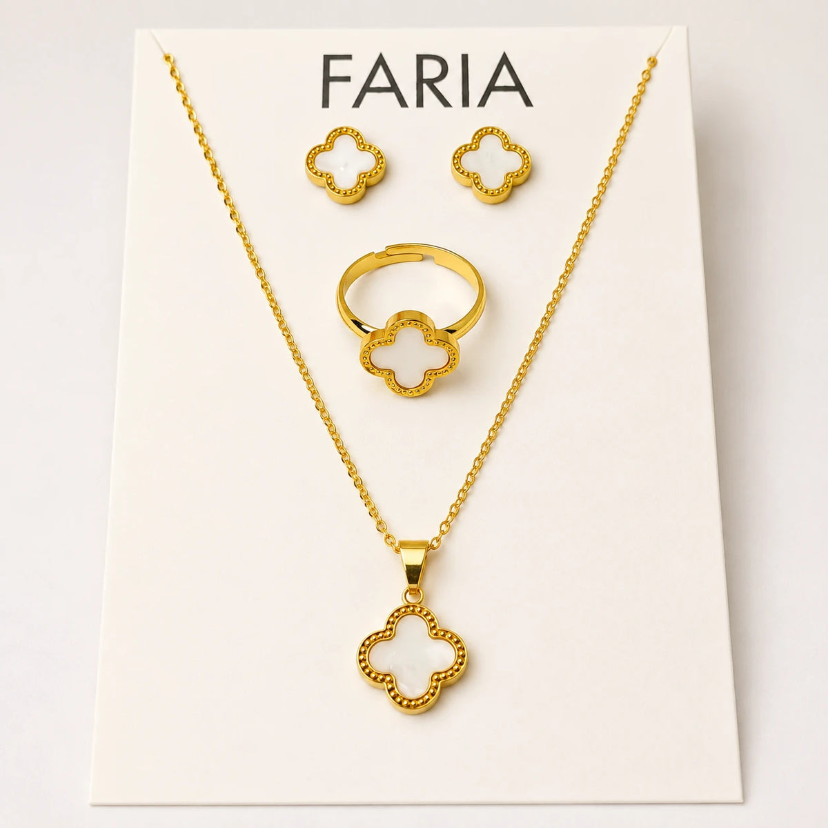 Golden Clover Necklace, Earrings & Ring Set - Stainless