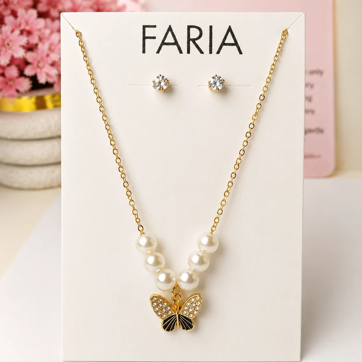 Pearl Butterfly Pendant Necklace Set