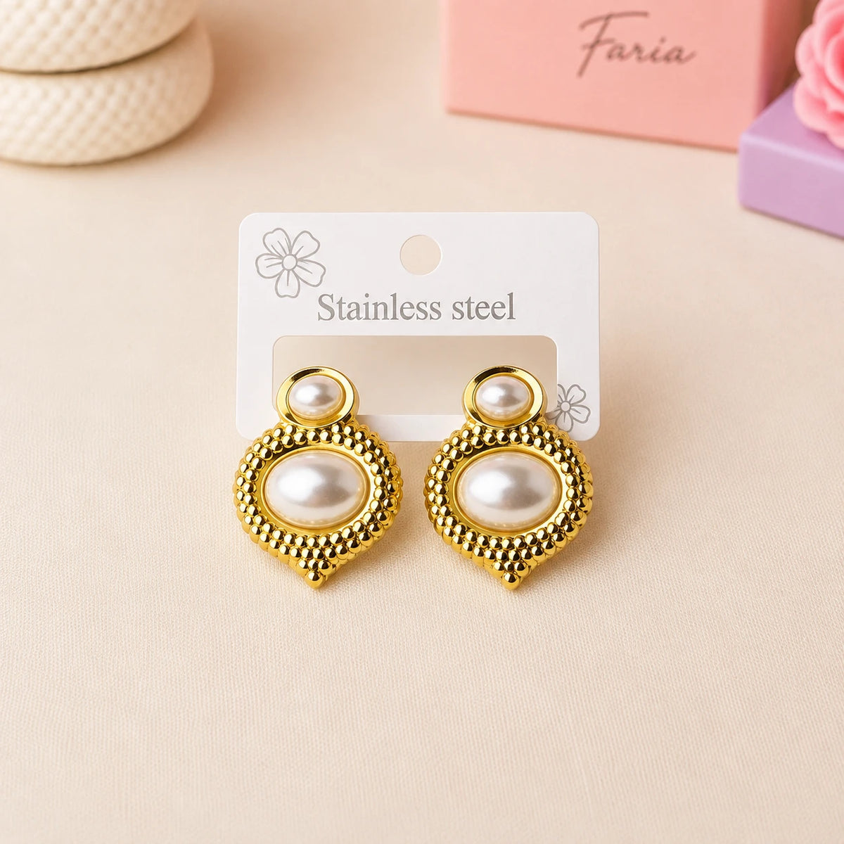 Golden Pearl Beaded Stainless Studs