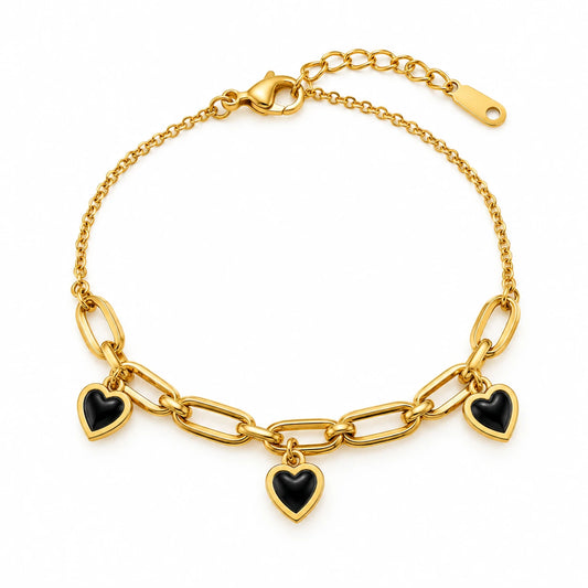 Onyx Heart Link Stainless Steel Bracelet