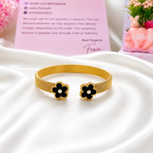 Black Flower Stainless Cuff Bracelet