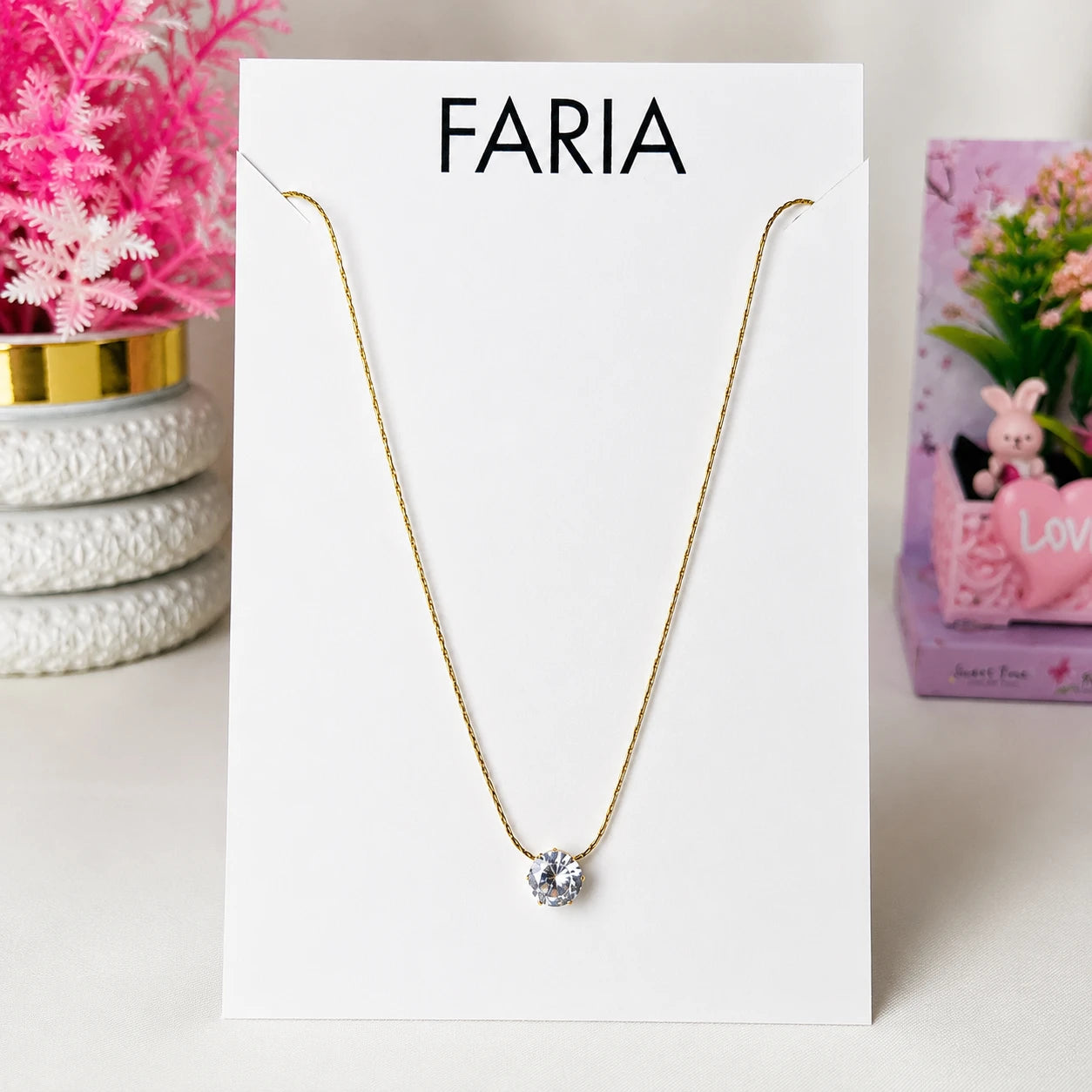 Golden Solitaire Crystal Pendant Chain - Stainless