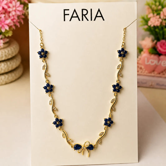 Navy Blue Floral Vine Necklace - Stainless