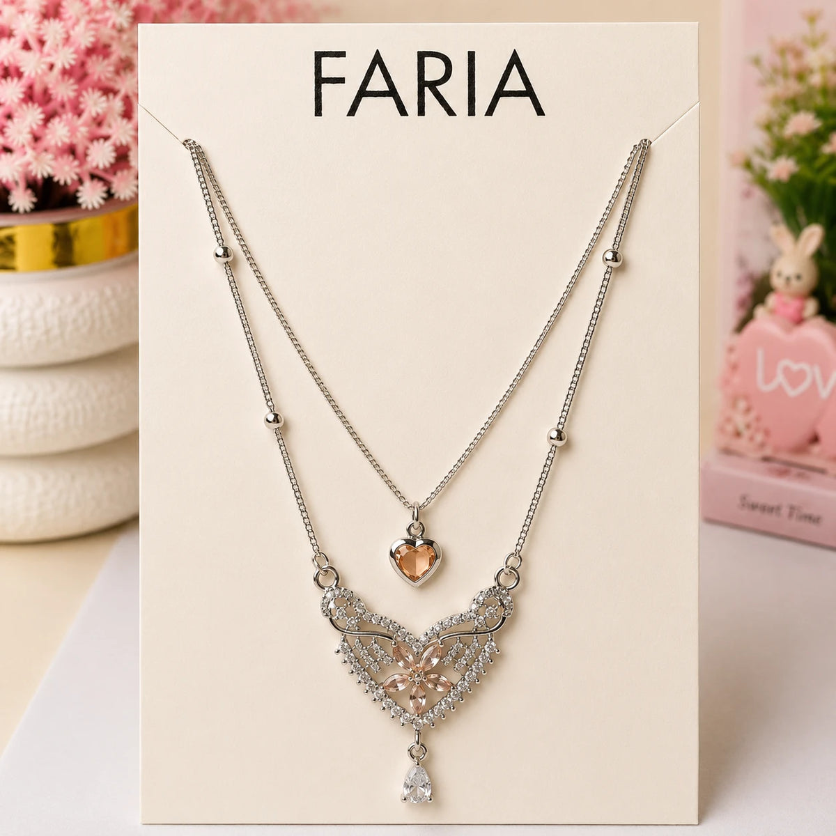 Silver Blossom Heart Layered Necklace - 7 Designs