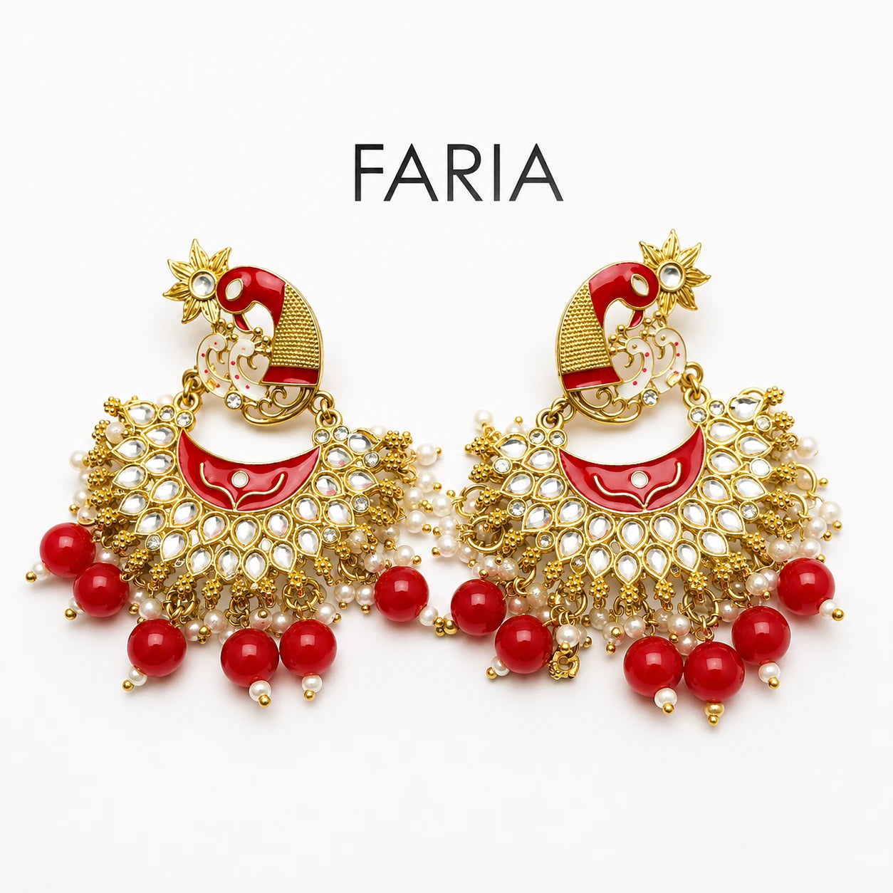 Red Peacock Kundan Pearl Chandbali Earrings