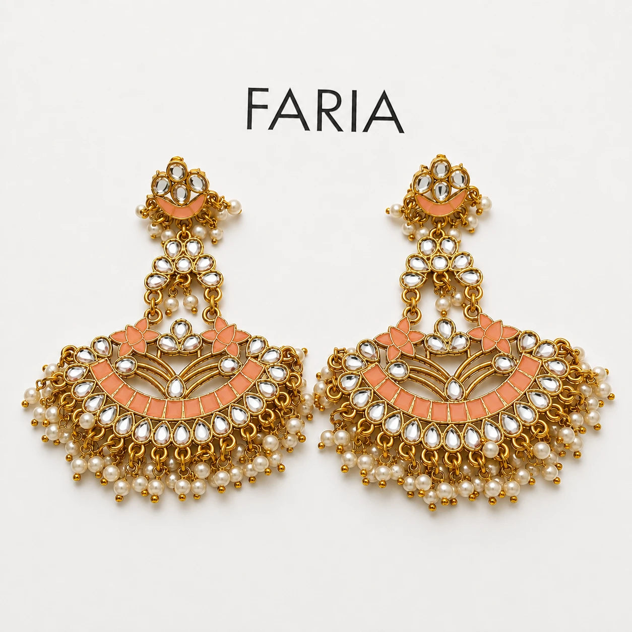Peach Kundan Pearl Chandbali Earrings