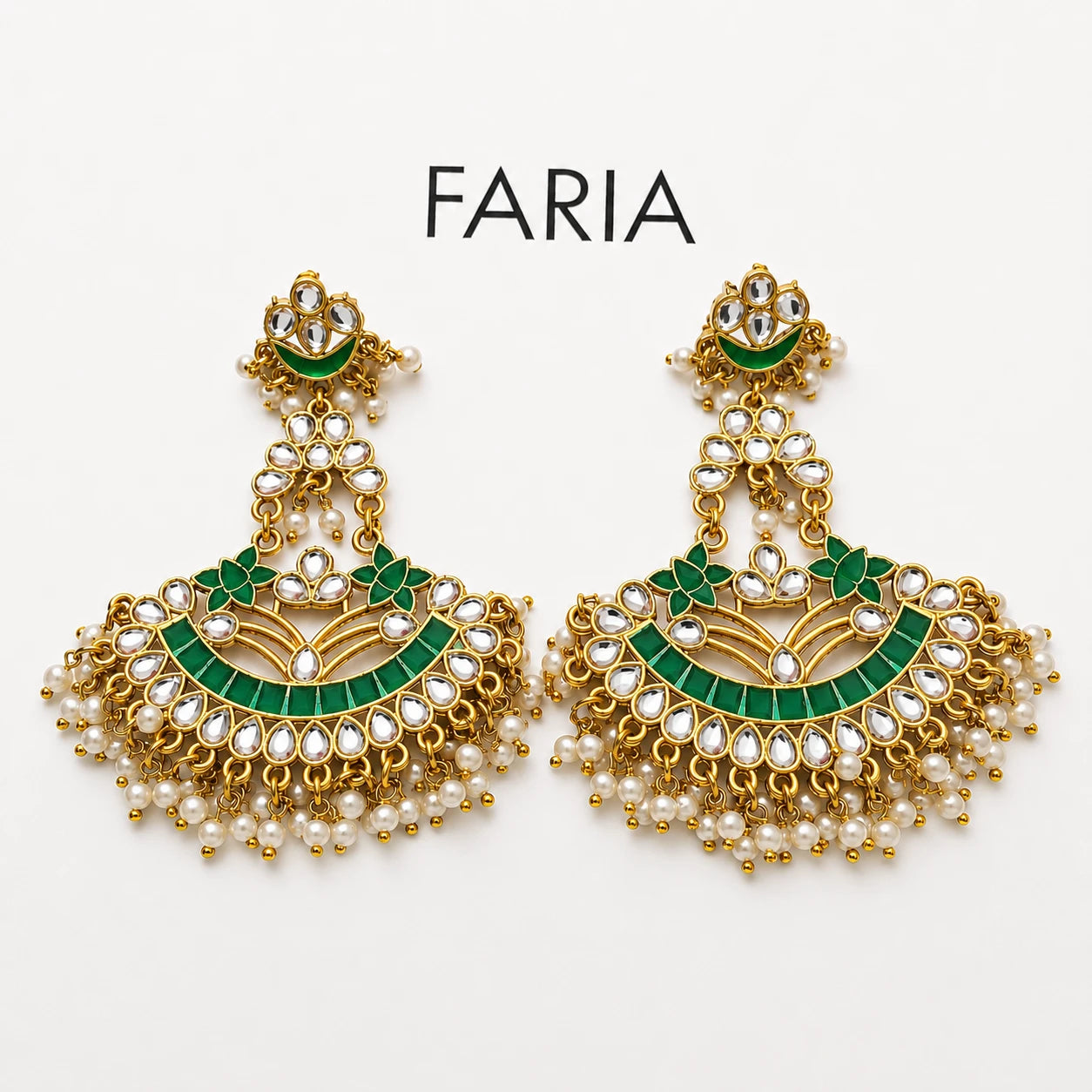 Green Kundan Pearl Chandbali Earrings