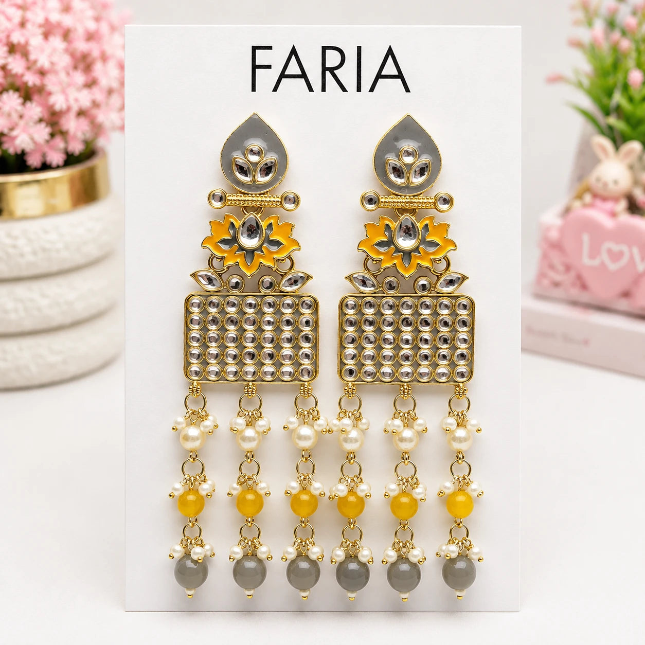 Yellow Kundan Pearl Danglers