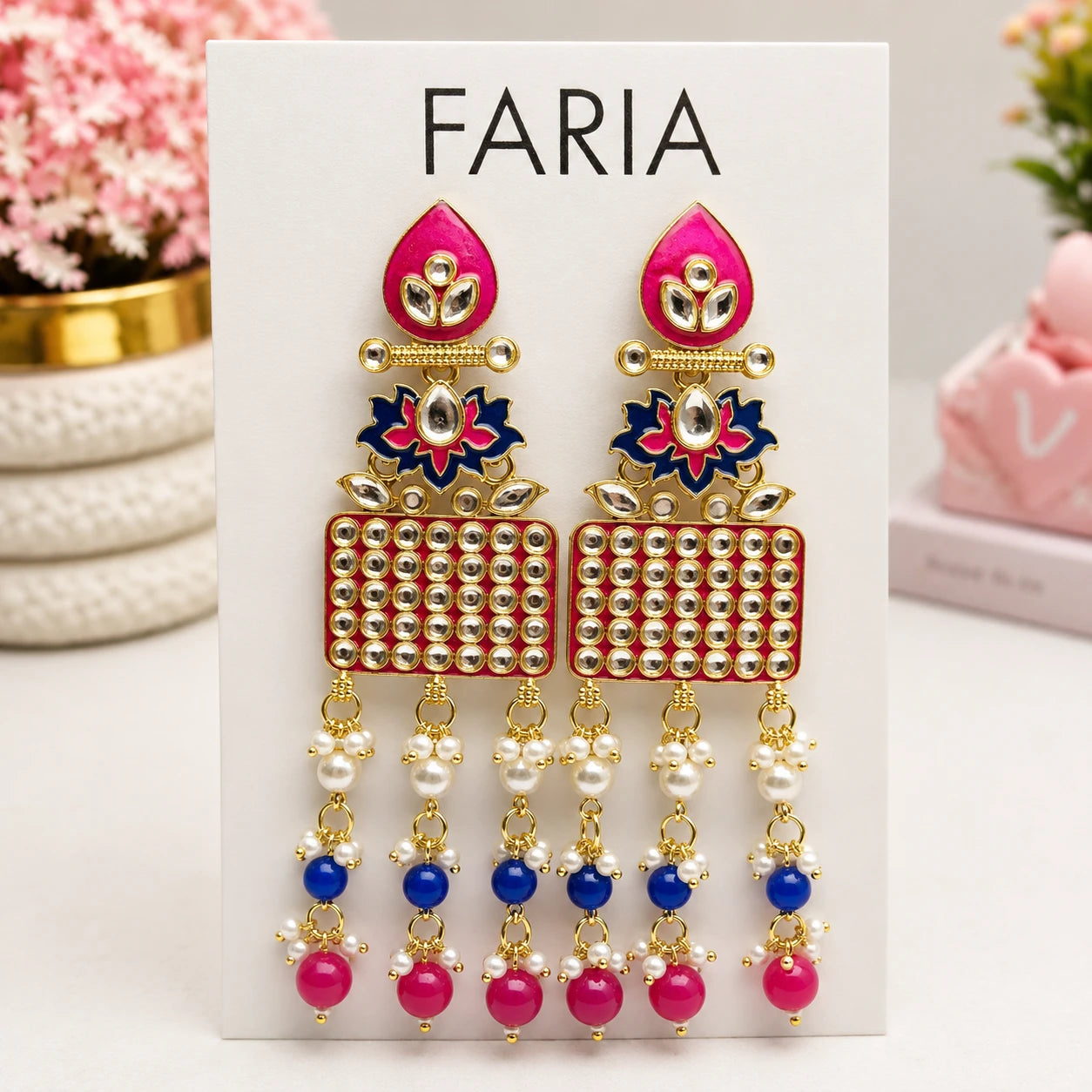 Pink Blue Kundan Pearl Danglers
