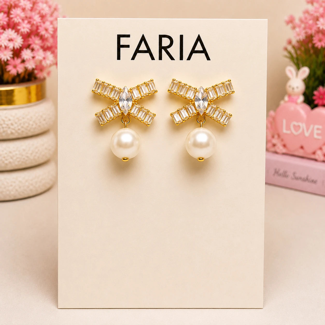 Crystal Bow Pearl Drop Earrings - Gold