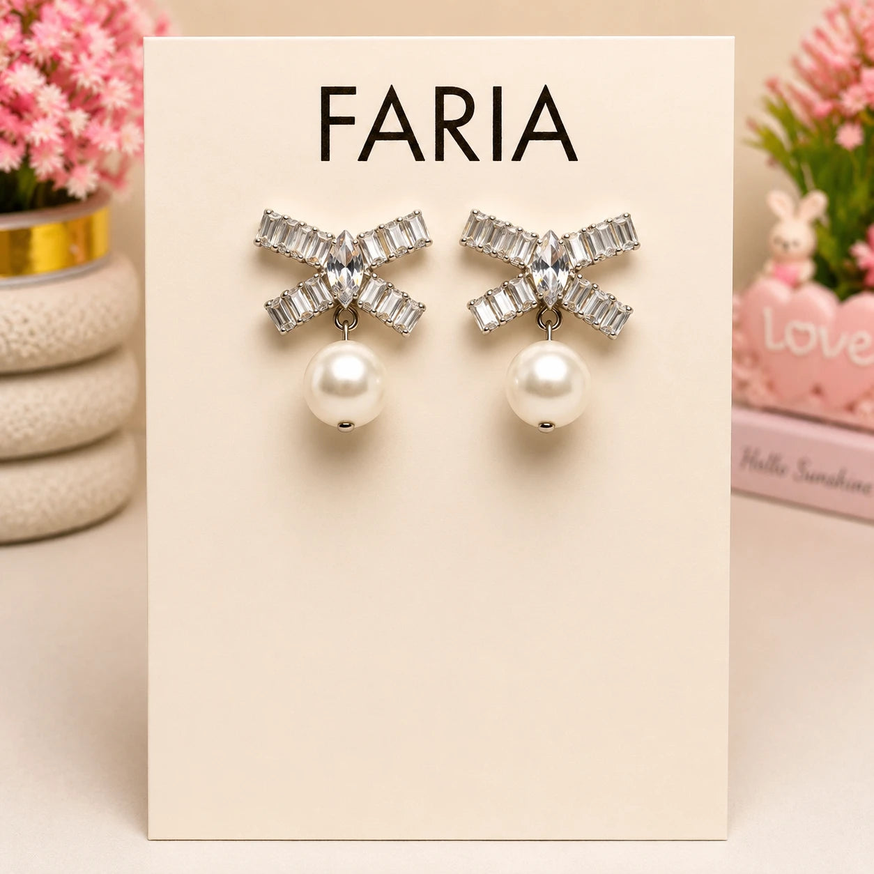 Crystal Bow Pearl Drop Earrings - Silver