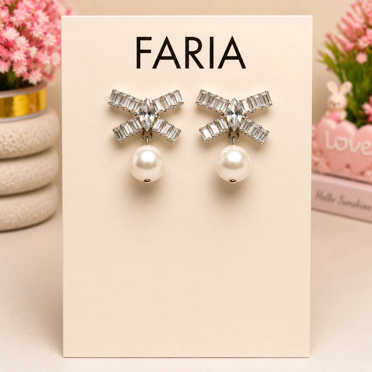 Crystal Bow Pearl Drop Earrings - Silver