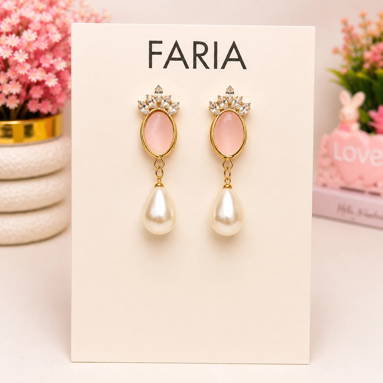 Pink Opal Pearl Crown Earrings