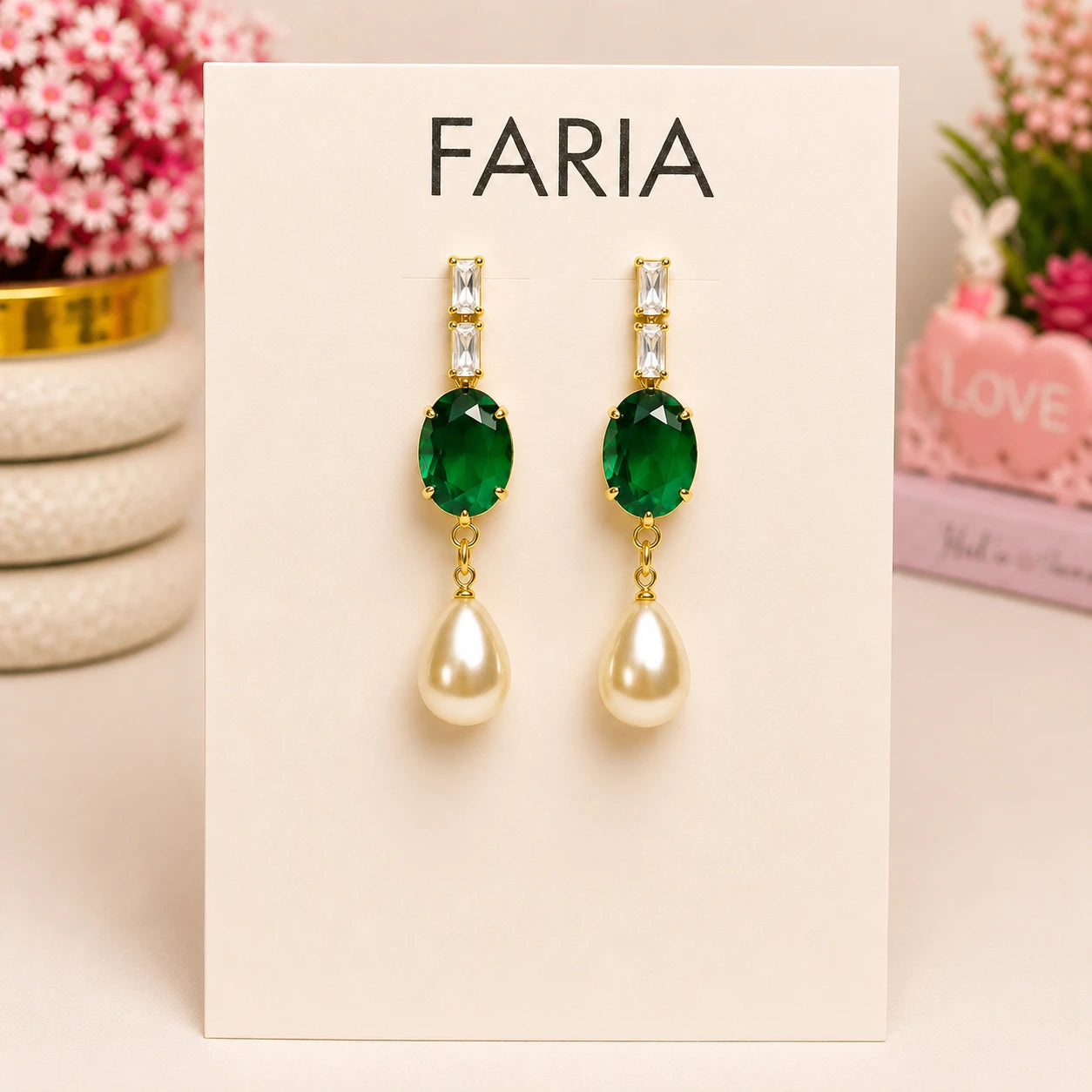 Emerald Crystal Pearl Drop Earrings - Gold