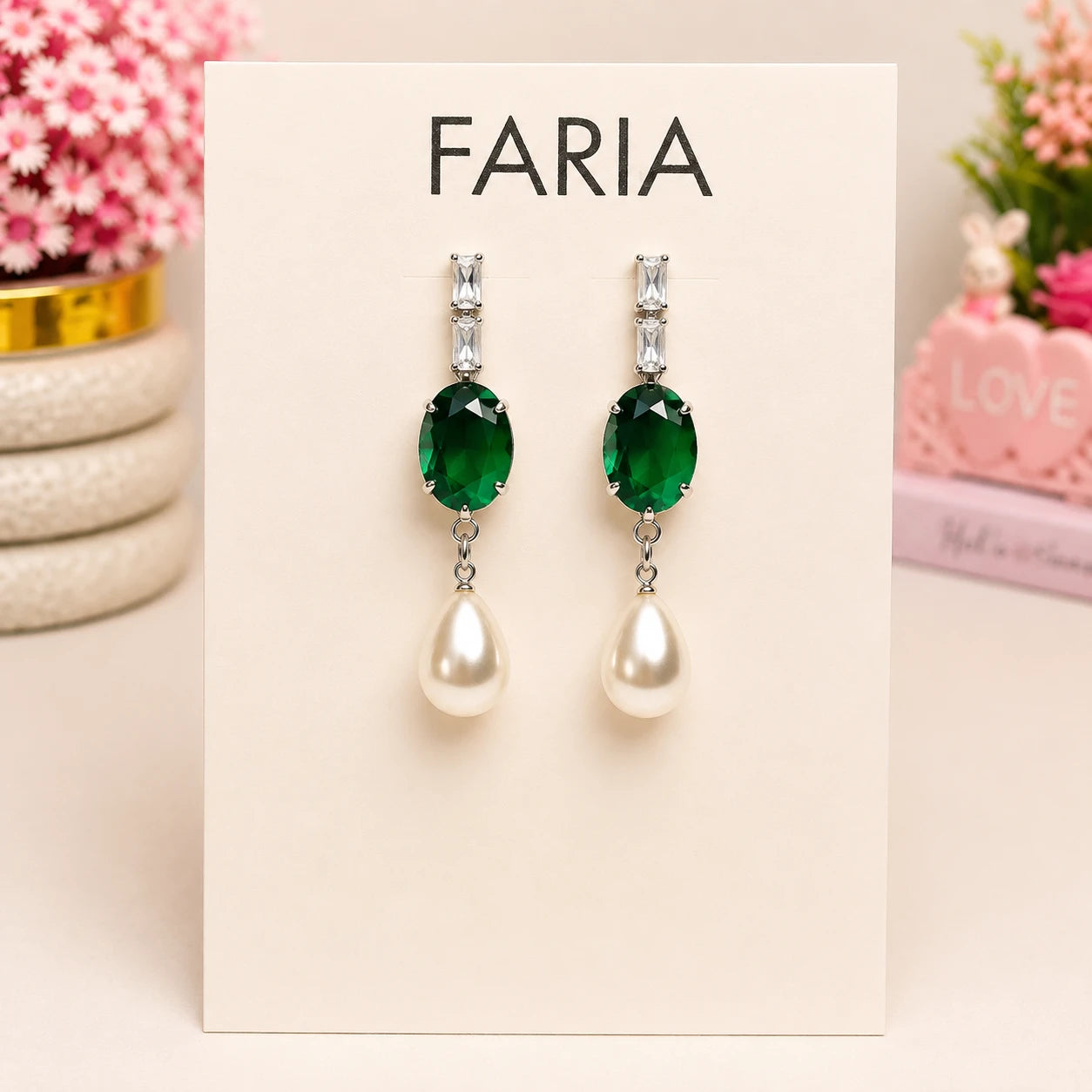 Emerald Crystal Pearl Drop Earrings - Silver