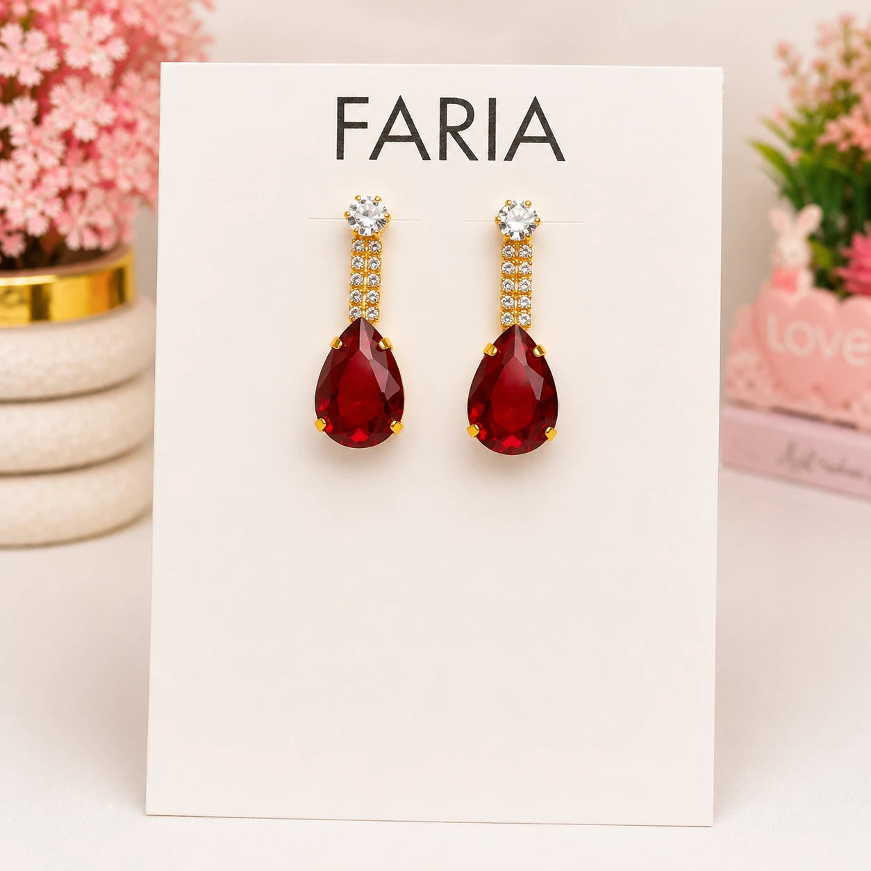 Red Teardrop Gold Dangle Earrings