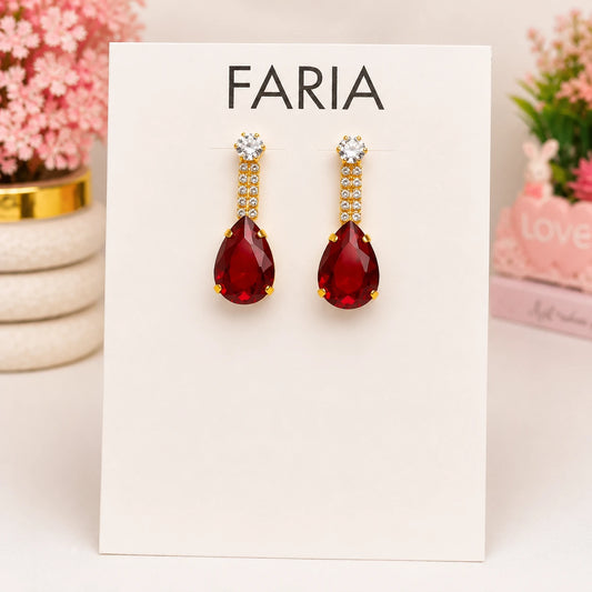 Red Teardrop Gold Dangle Earrings