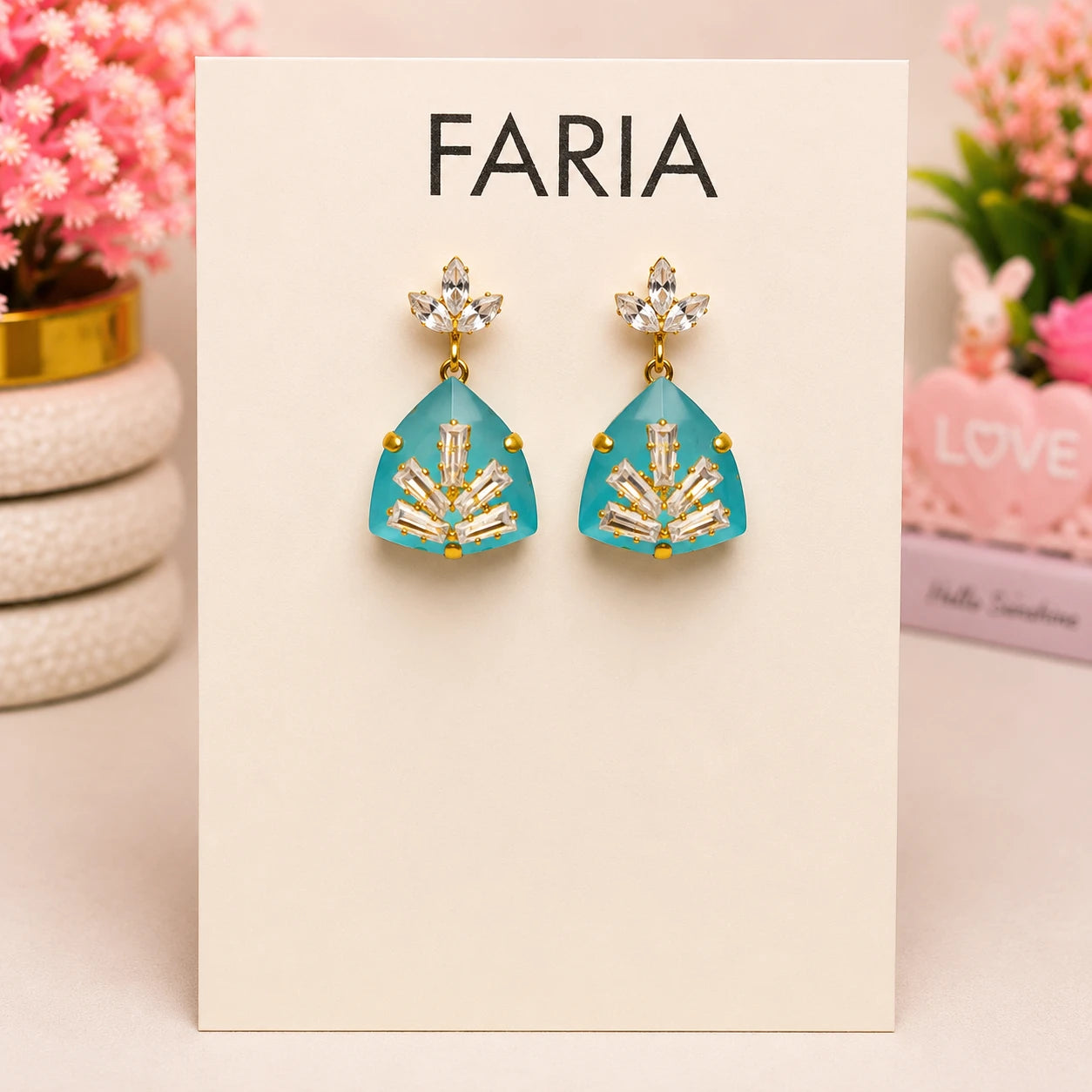 Turquoise Crystal Floral Drop Earrings