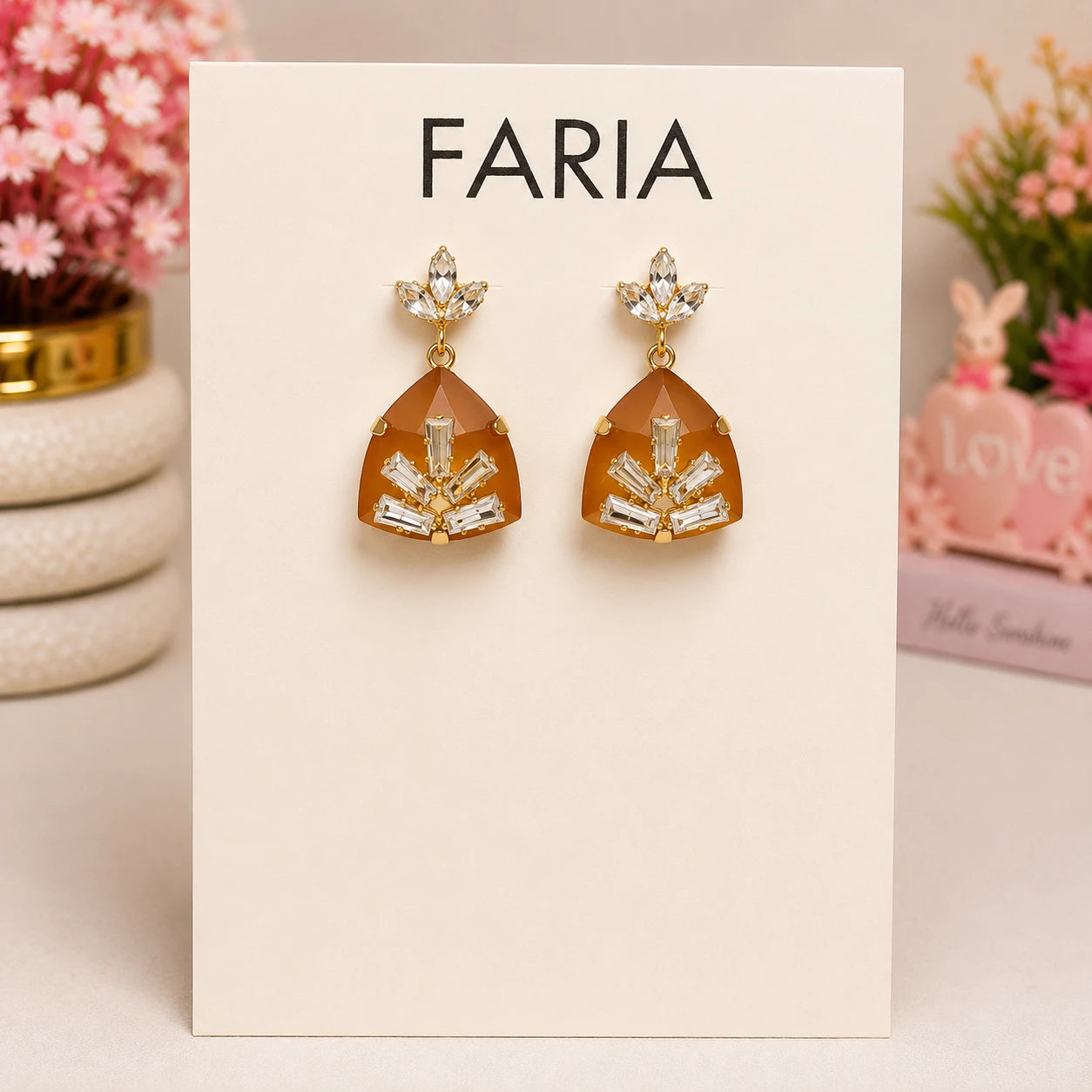 Brown Crystal Floral Drop Earrings