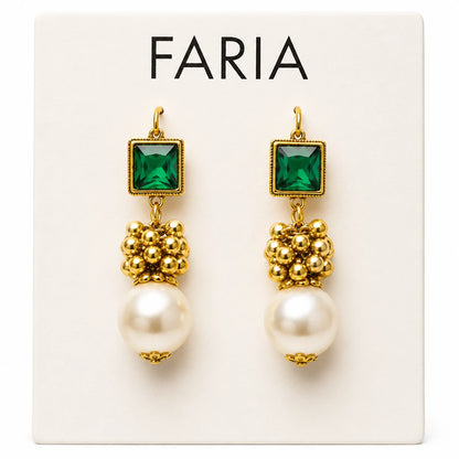 Golden Pearl Drop Earrings with Gemstone