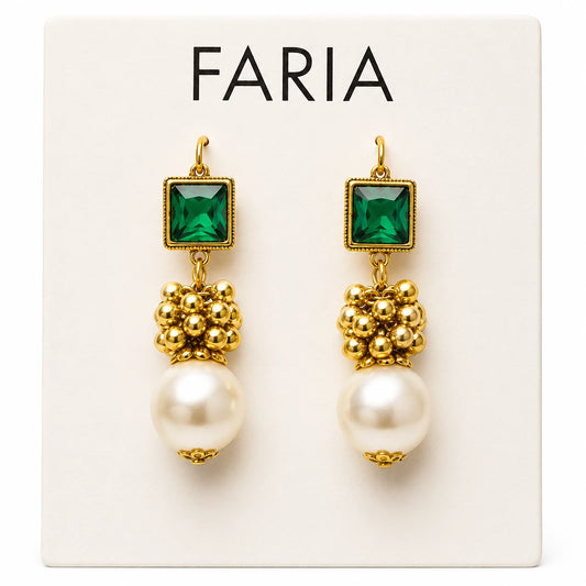 Golden Pearl Drop Earrings with Gemstone