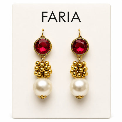 Golden Pearl Drop Earrings with Gemstone