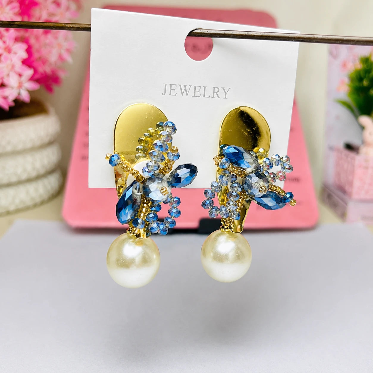 Luxury Blue Crystal Pearl Drop Earrings