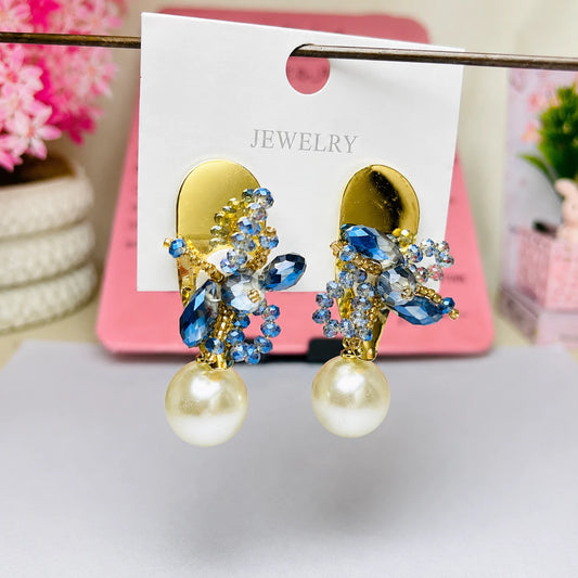 Luxury Blue Crystal Pearl Drop Earrings
