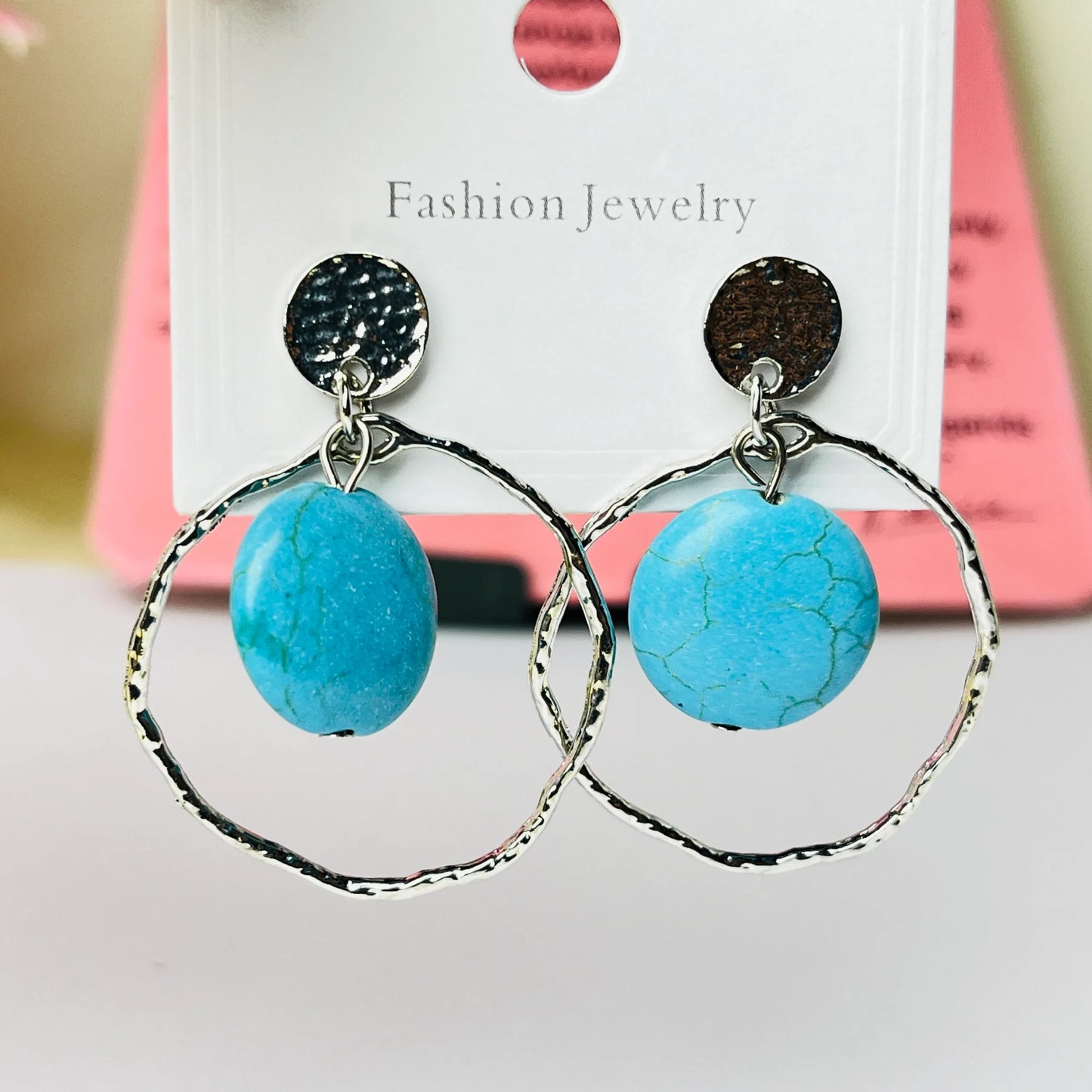 Turquoise Stone Circle Drop Earrings