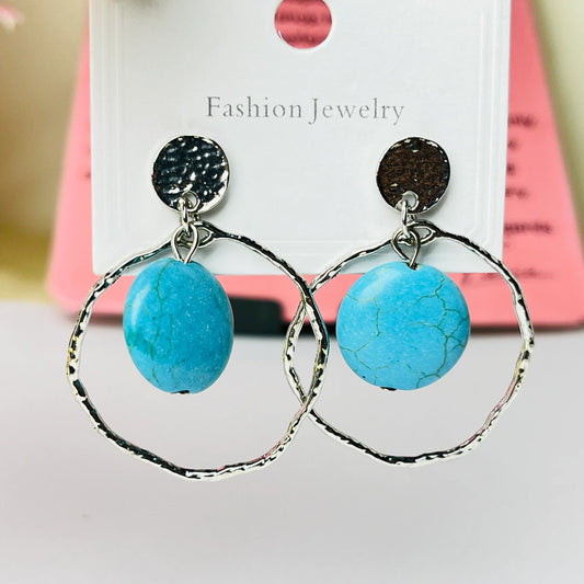 Turquoise Stone Circle Drop Earrings