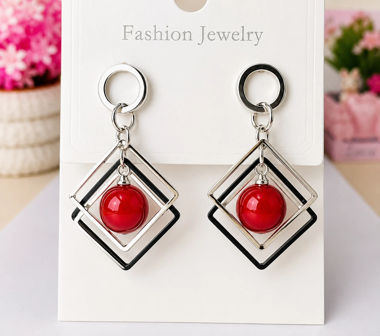 Geometric Red Bead Drop Earrings