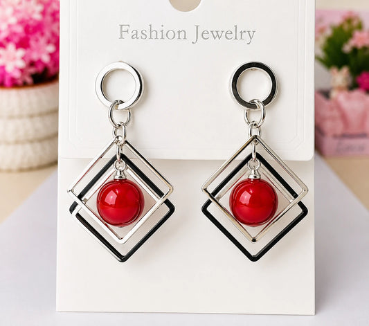 Geometric Red Bead Drop Earrings