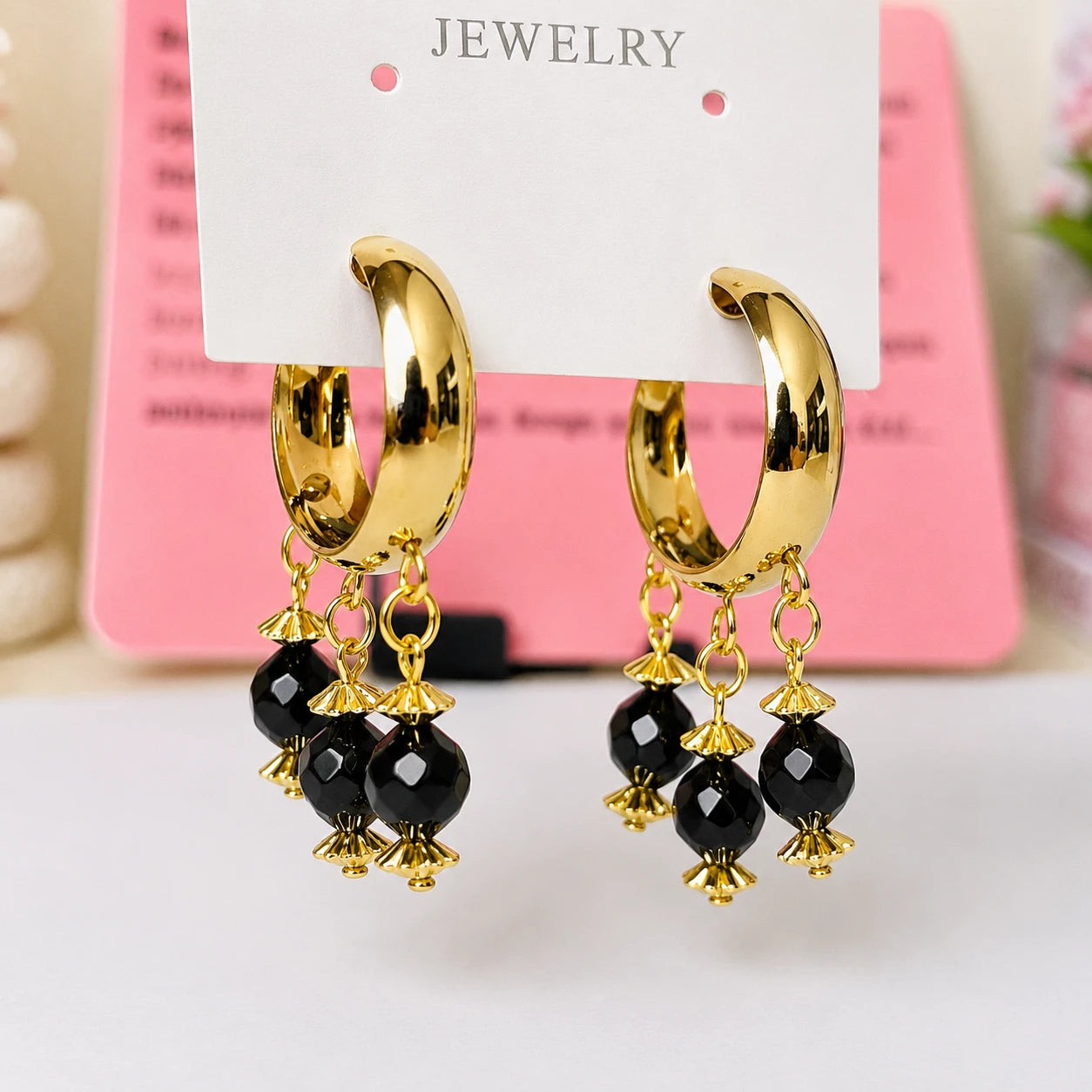 Black Bead Charm Hoop Earrings