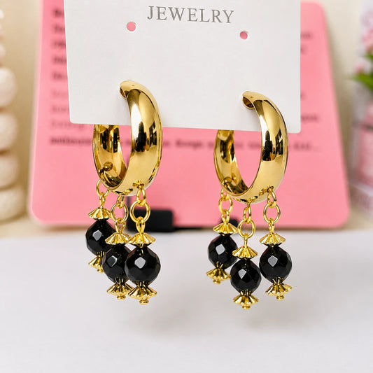 Black Bead Charm Hoop Earrings
