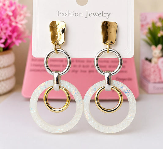 Gold & Pearl White Resin Circle Drop Earrings