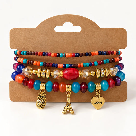 Multicolor Beaded Charm Bracelet Set - 10 Designs