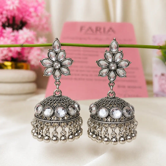 Crystal Bloom Silver Jhumka